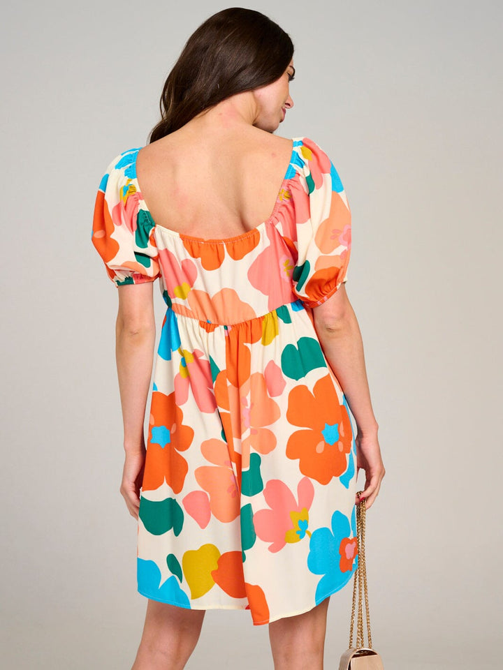 WOMEN'S SHORT PUFF SLEEVE SQUARE NECK LOOSE FIT FLORAL MINI DRESS