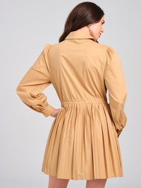 WOMEN'S LONG SLEEVE BUTTON UP FIT & FLARE PLEATED MINI DRESS