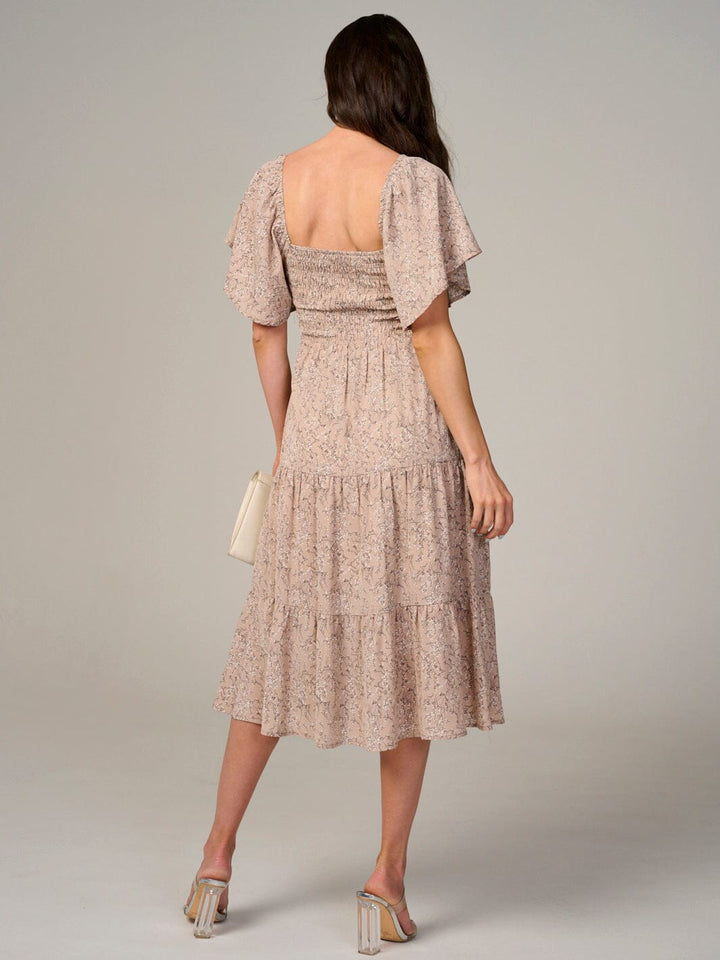 WOMEN'S SHORT SLEEVE SMOCK TIERED FLORAL MIDI DRESS