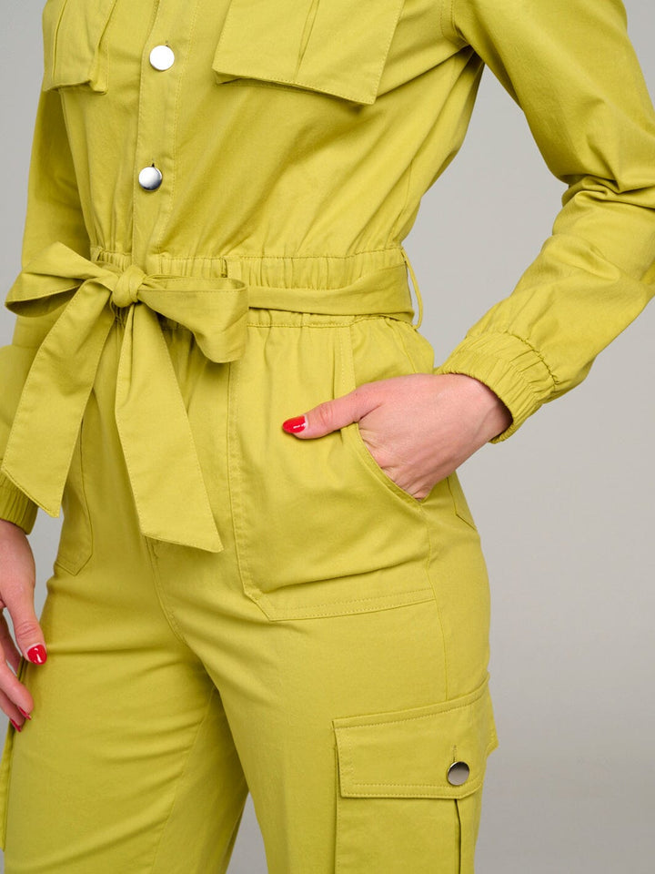 WOMEN'S LONG SLEEVE BUTTON UP SELF TIE POCKETS JOGGER LEG JUMPSUIT