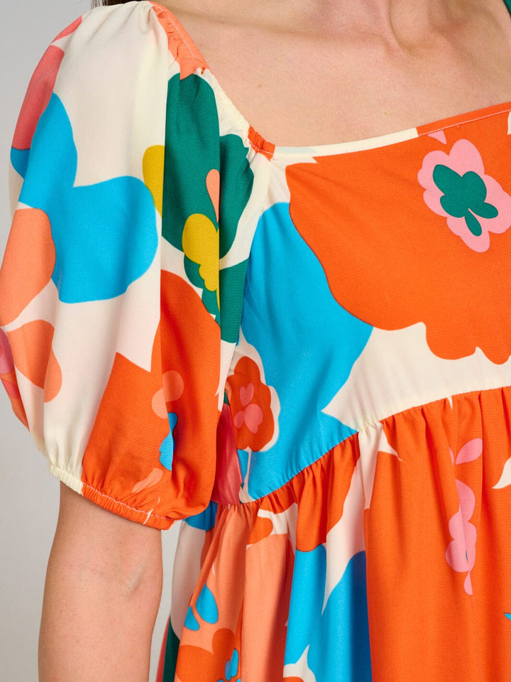 WOMEN'S SHORT PUFF SLEEVE SQUARE NECK LOOSE FIT FLORAL MINI DRESS