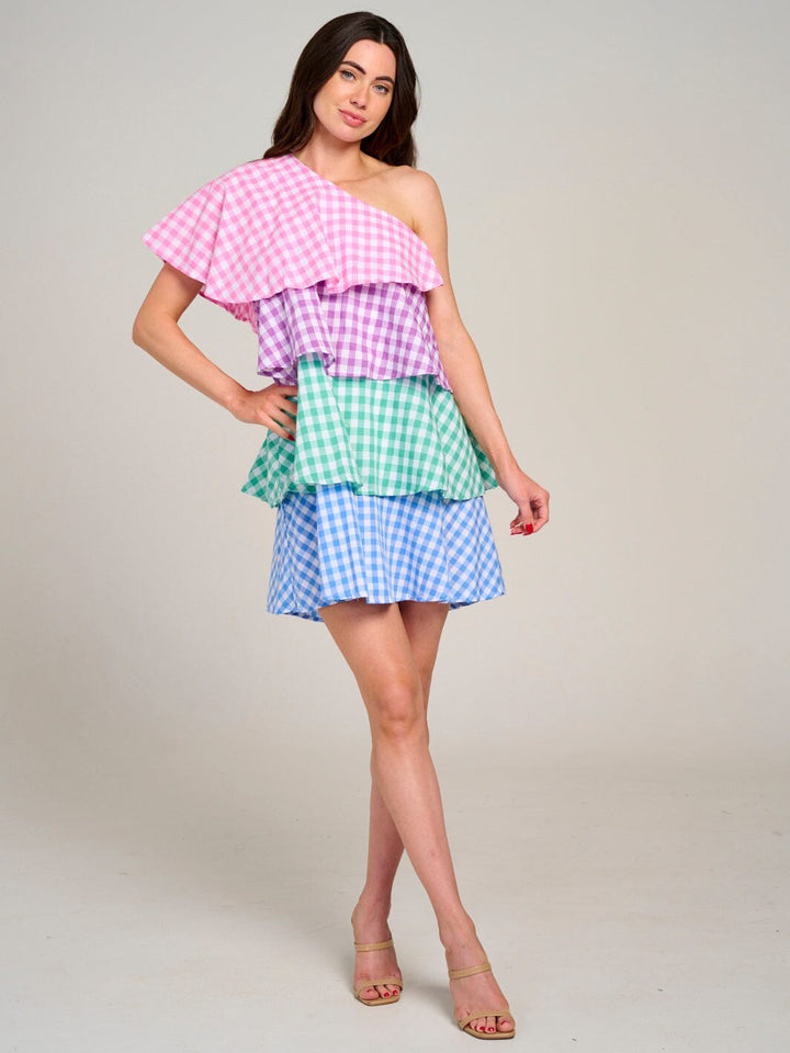 WOMEN'S ONE SHOULDER TIERED RUFFLE COLORBLOCK PLAID MINI DRESS