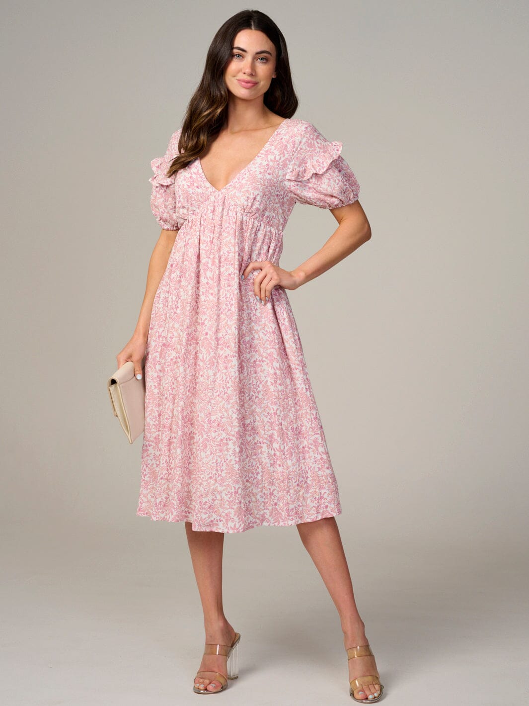WOMEN'S SHORT SLEEVE V-NECK FLORAL MIDI DRESS