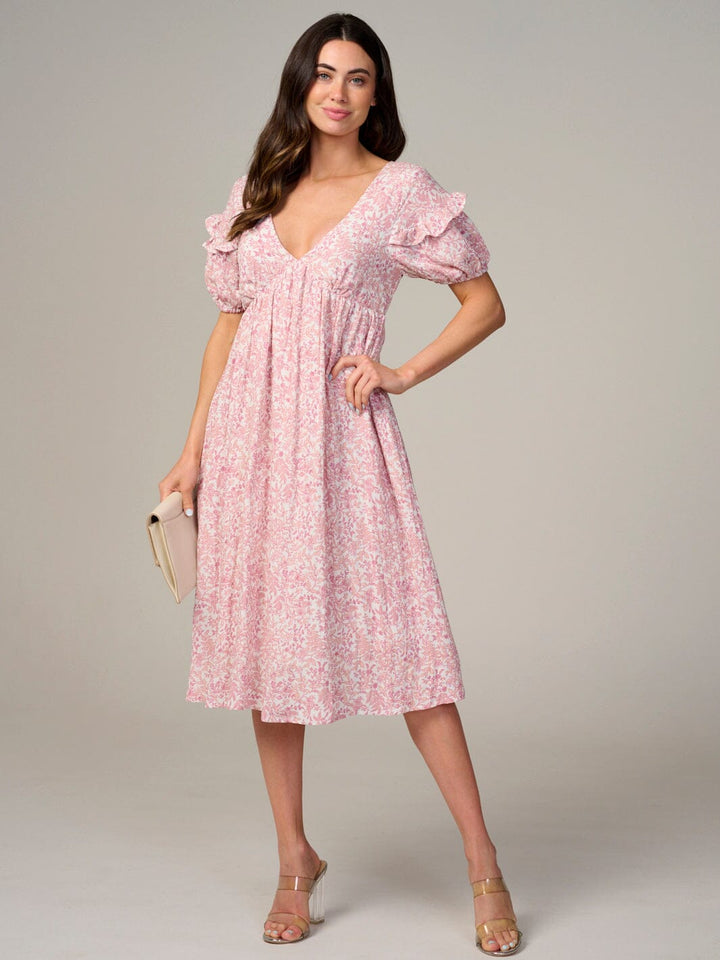 WOMEN'S SHORT SLEEVE V-NECK FLORAL MIDI DRESS