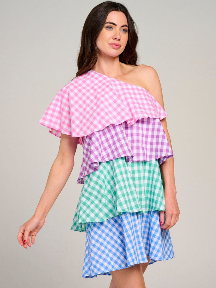 WOMEN'S ONE SHOULDER TIERED RUFFLE COLORBLOCK PLAID MINI DRESS