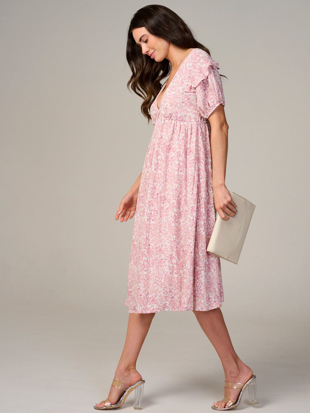 WOMEN'S SHORT SLEEVE V-NECK FLORAL MIDI DRESS