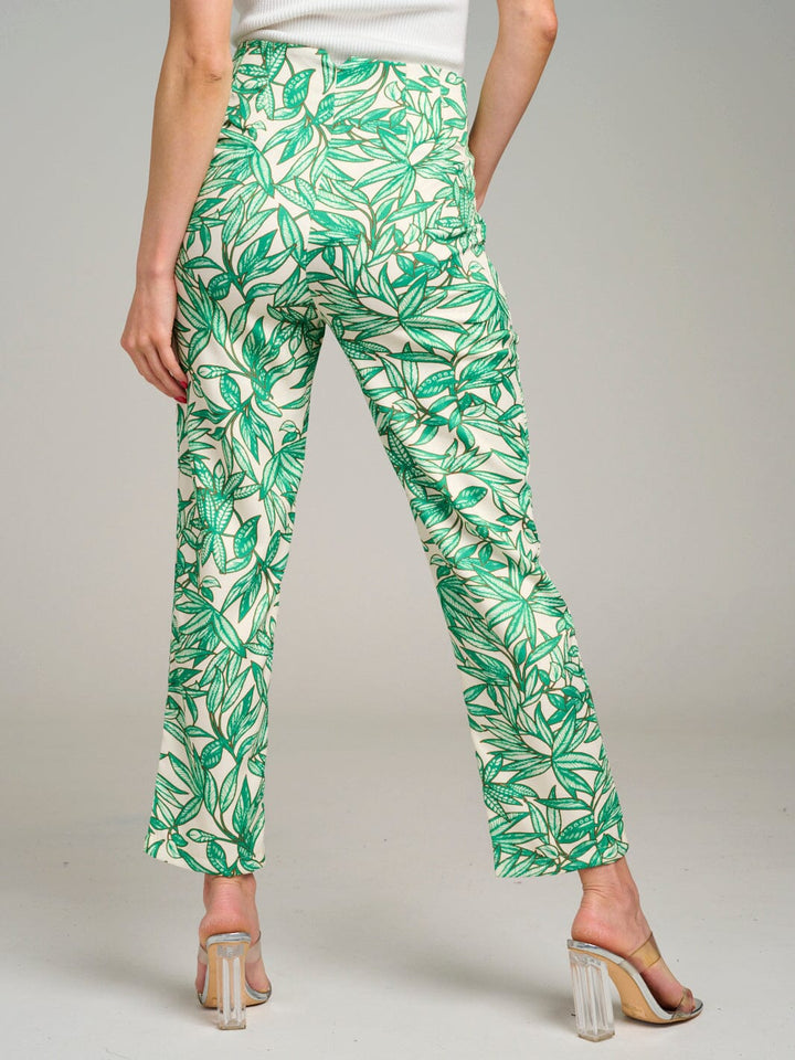 WOMEN'S BUTTON CLOSURE POCKETS LEAF PRINT WIDE LEG PANTS