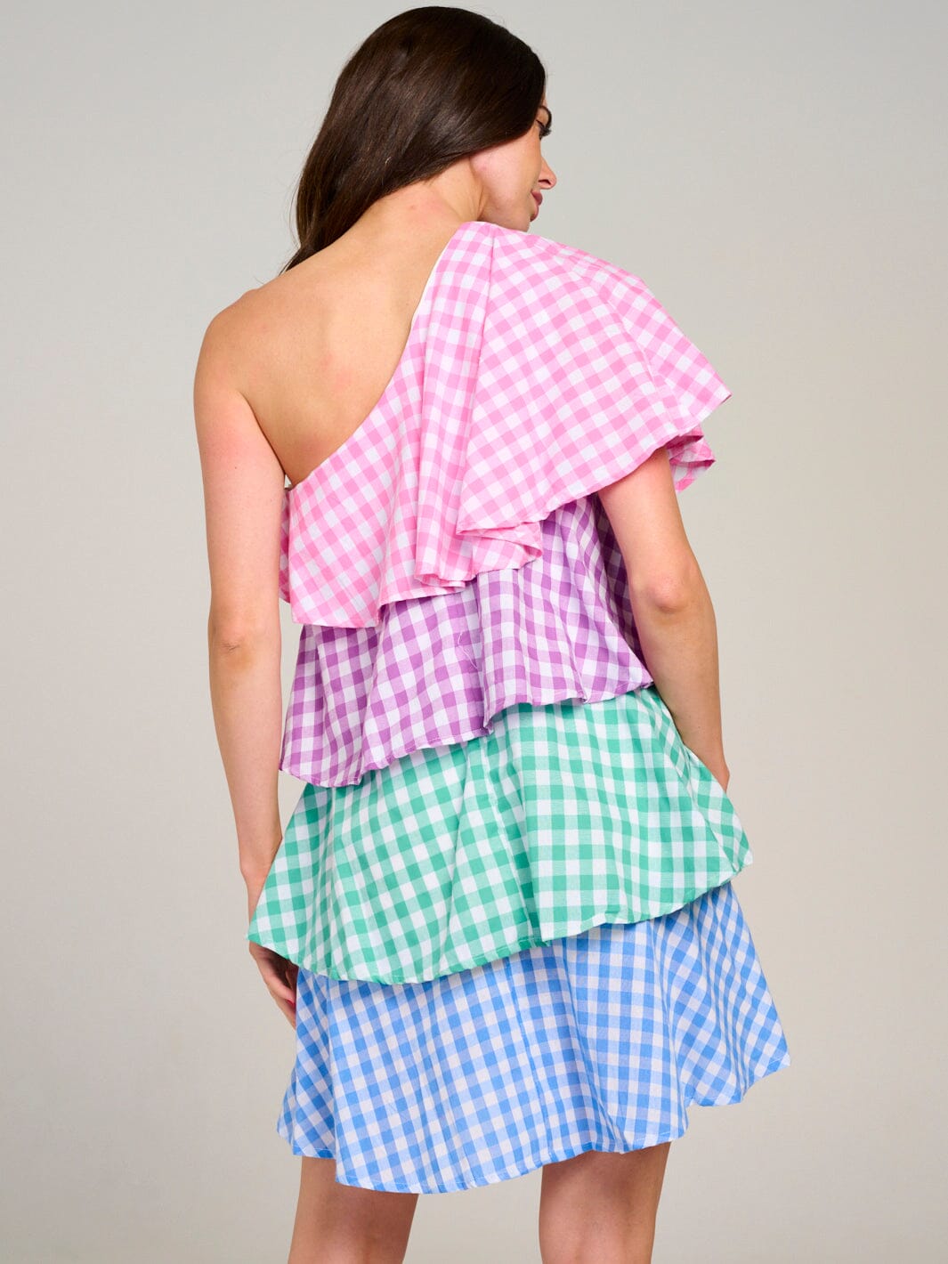WOMEN'S ONE SHOULDER TIERED RUFFLE COLORBLOCK PLAID MINI DRESS
