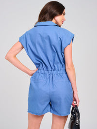 WOMEN'S RAW EDGE SLEEVES BUTTON UP POCKETS DENIM ROMPER