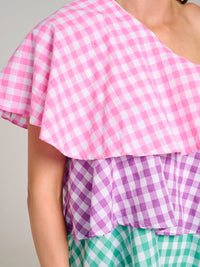 WOMEN'S ONE SHOULDER TIERED RUFFLE COLORBLOCK PLAID MINI DRESS