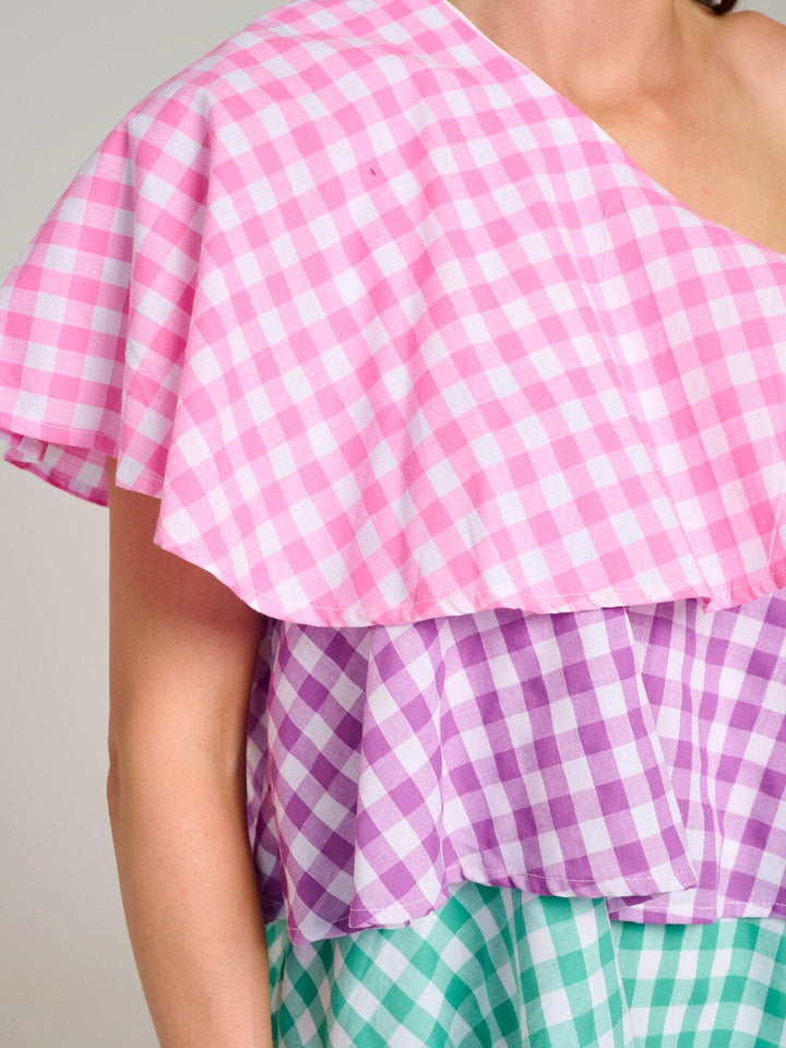 WOMEN'S ONE SHOULDER TIERED RUFFLE COLORBLOCK PLAID MINI DRESS