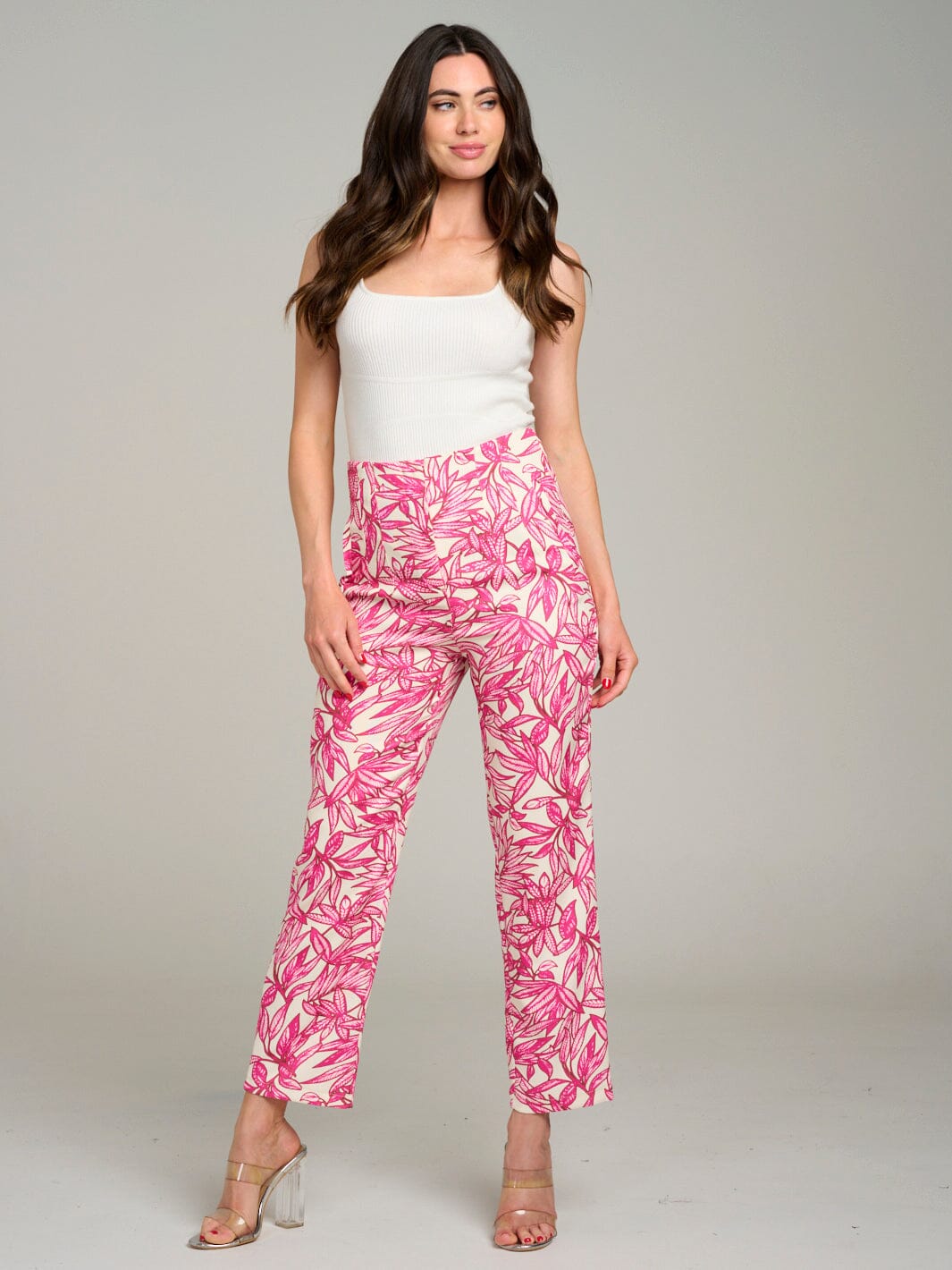 WOMEN'S BUTTON CLOSURE POCKETS LEAF PRINT WIDE LEG PANTS