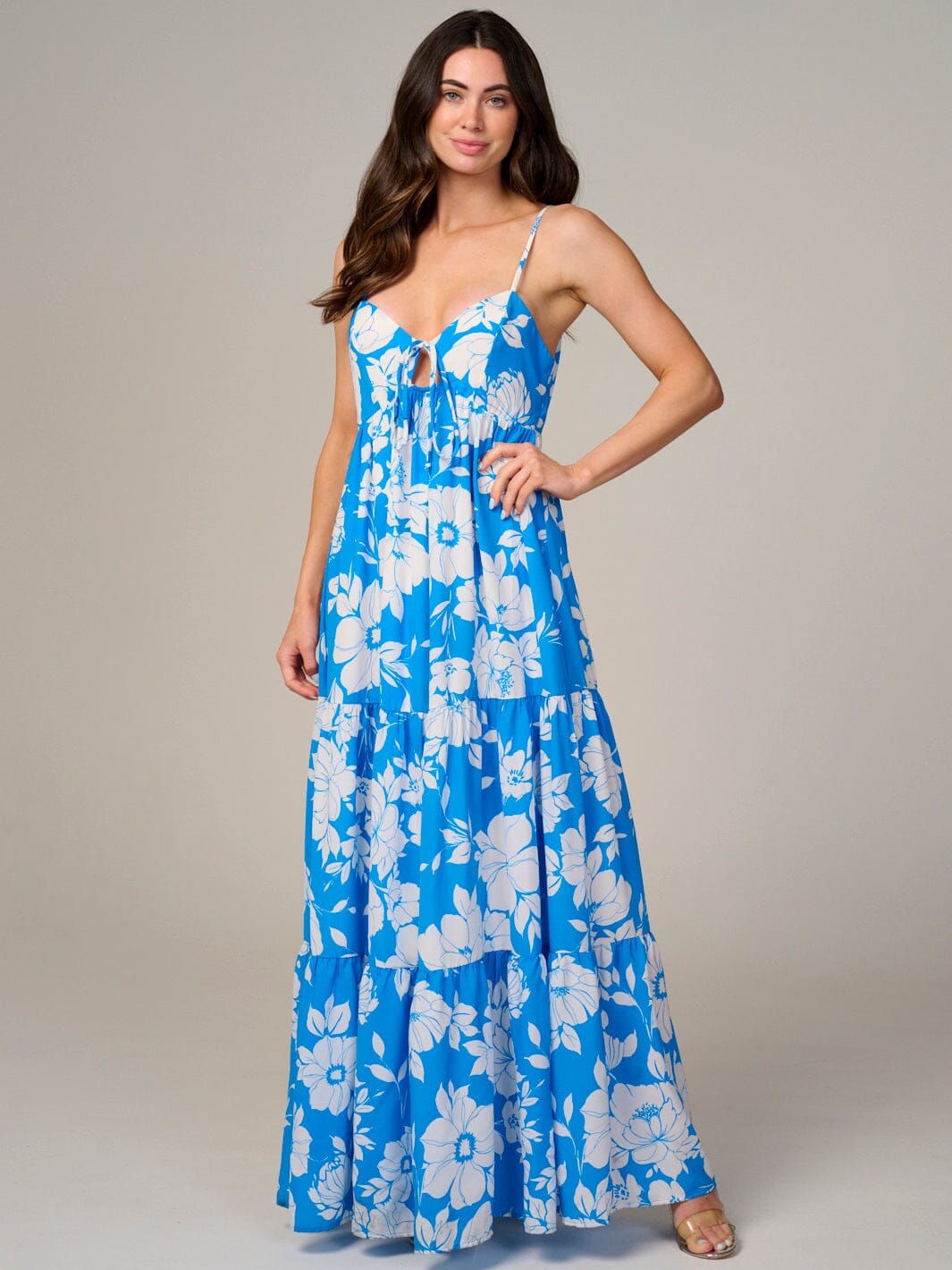 WOMEN'S SLEEVELESS V-NECK TIERED FLORAL MAXI DRESS