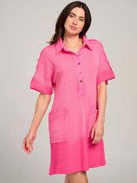 WOMEN'S SHORT SLEEVE BUTTON UP FRONT POCKETS WASHED WAFFLE MINI DRESS
