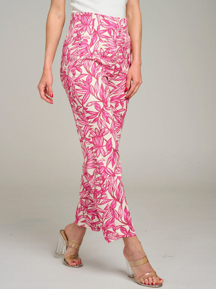 WOMEN'S BUTTON CLOSURE POCKETS LEAF PRINT WIDE LEG PANTS