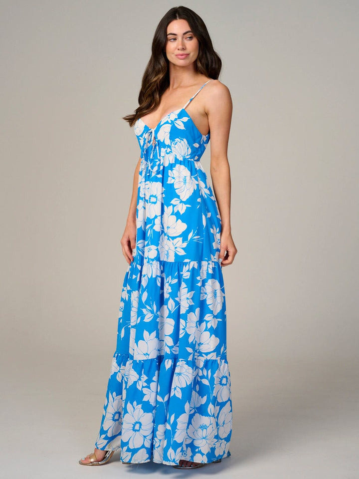 WOMEN'S SLEEVELESS V-NECK TIERED FLORAL MAXI DRESS
