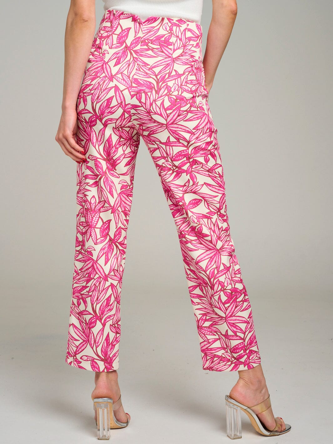 WOMEN'S BUTTON CLOSURE POCKETS LEAF PRINT WIDE LEG PANTS