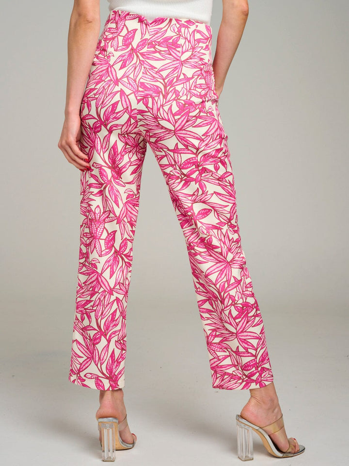 WOMEN'S BUTTON CLOSURE POCKETS LEAF PRINT WIDE LEG PANTS