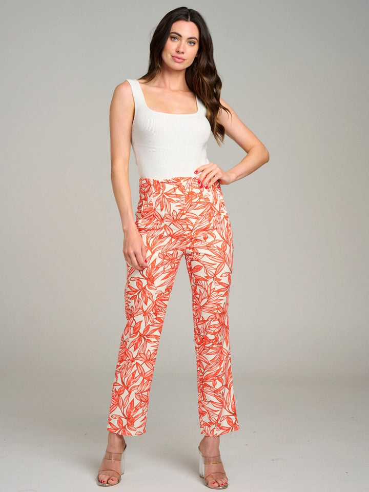 WOMEN'S BUTTON CLOSURE POCKETS LEAF PRINT WIDE LEG PANTS