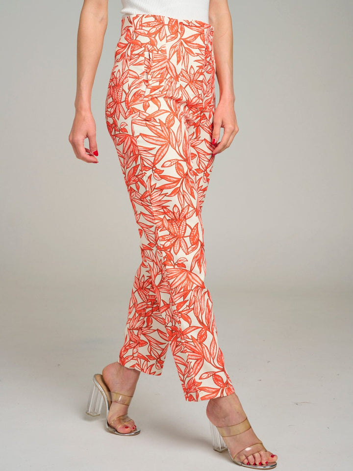 WOMEN'S BUTTON CLOSURE POCKETS LEAF PRINT WIDE LEG PANTS