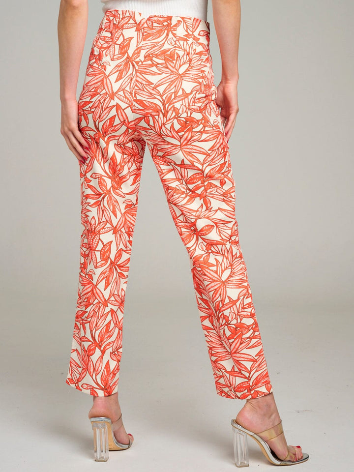 WOMEN'S BUTTON CLOSURE POCKETS LEAF PRINT WIDE LEG PANTS