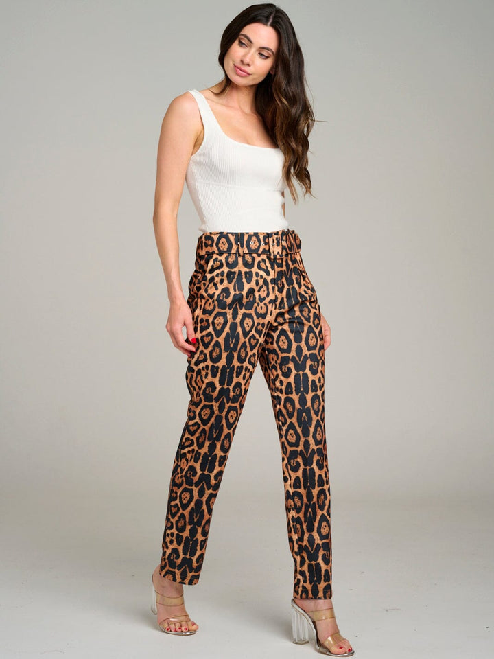 WOMEN'S BUTTON CLOSURE POCKETS ANIMAL PRINT BELTED WIDE LEG PANTS