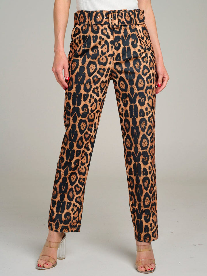 WOMEN'S BUTTON CLOSURE POCKETS ANIMAL PRINT BELTED WIDE LEG PANTS