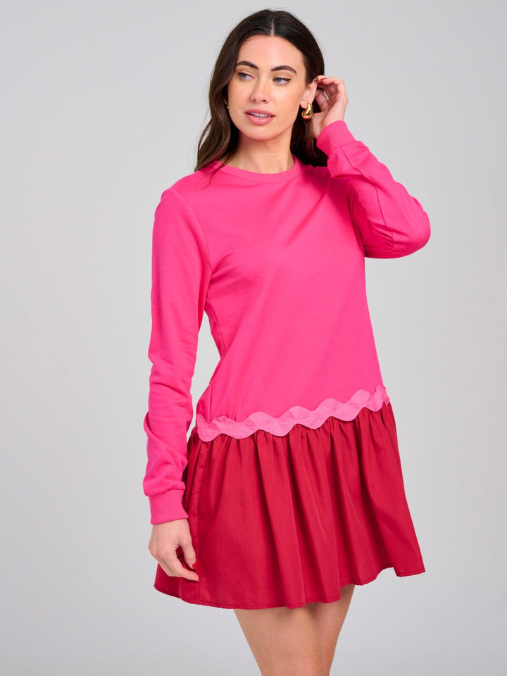 WOMEN'S LONG SLEEVE FLARE PLEATED COLORBLOCK MINI DRESS