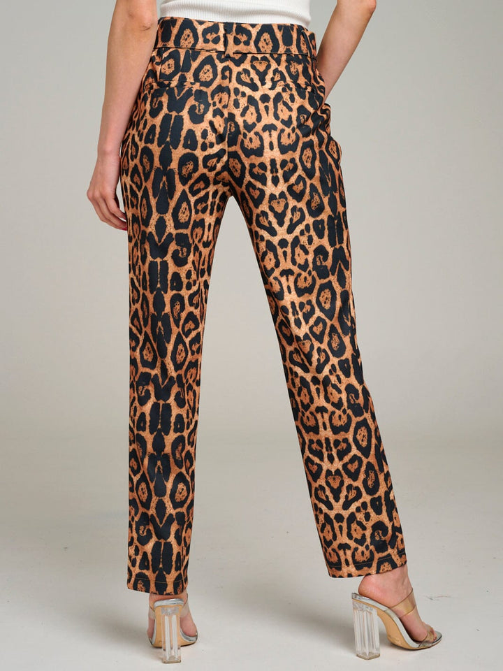 WOMEN'S BUTTON CLOSURE POCKETS ANIMAL PRINT BELTED WIDE LEG PANTS