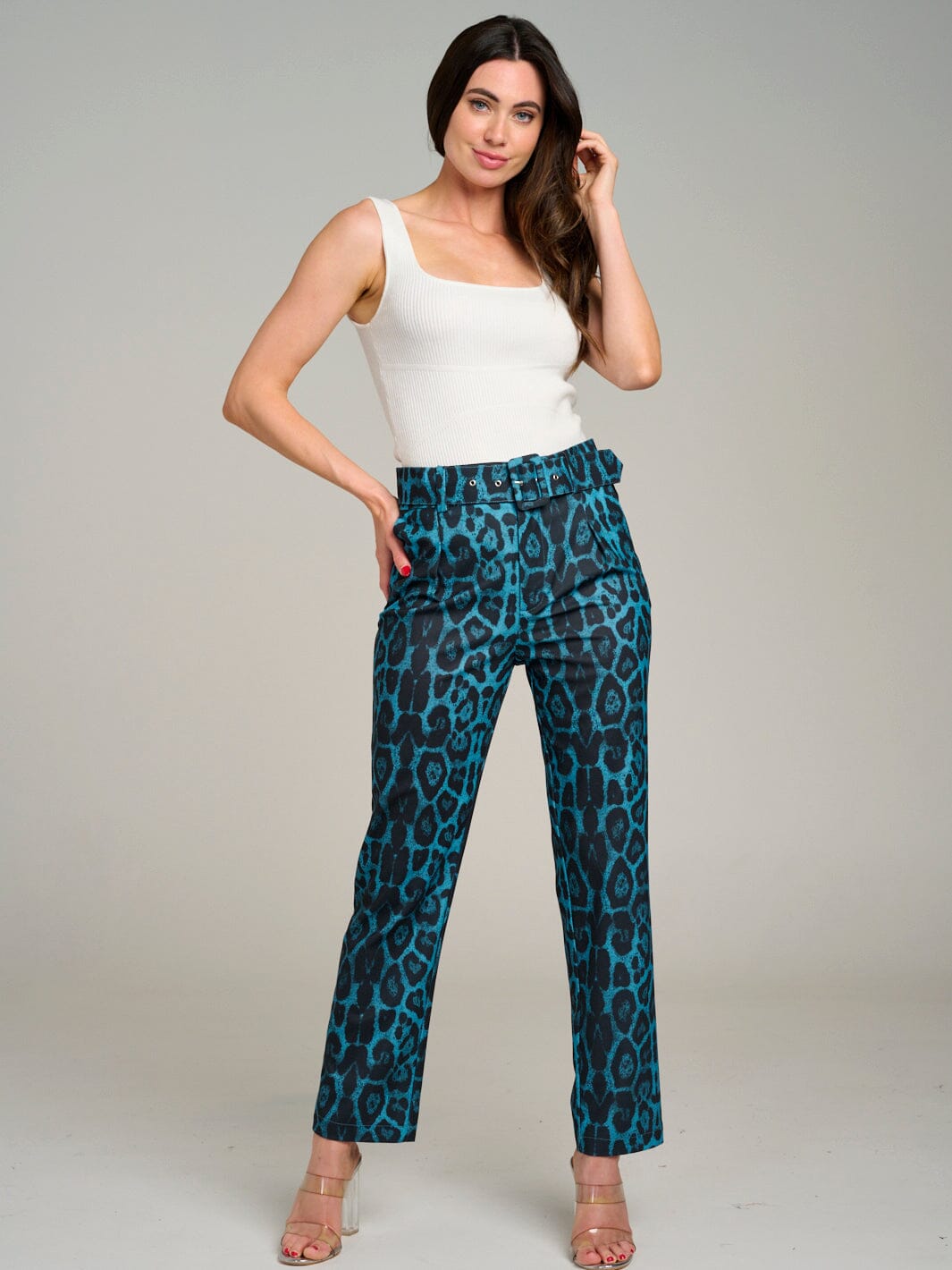 WOMEN'S BUTTON CLOSURE POCKETS ANIMAL PRINT BELTED WIDE LEG PANTS