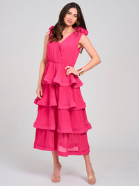 WOMEN'S SLEEVELESS SURPLICE RUFFLE TIERED PLEATED MAXI DRESS