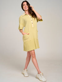 WOMEN'S SHORT SLEEVE BUTTON UP FRONT POCKETS WASHED WAFFLE MINI DRESS