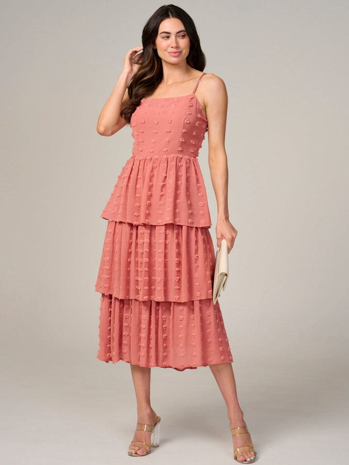 WOMEN'S SLEEVELESS RUFFLE TIERED SWISS DOTS MIDI DRESS