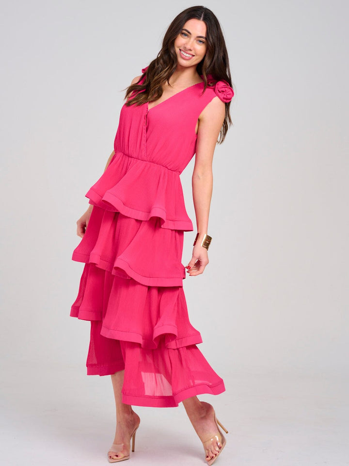 WOMEN'S SLEEVELESS SURPLICE RUFFLE TIERED PLEATED MAXI DRESS