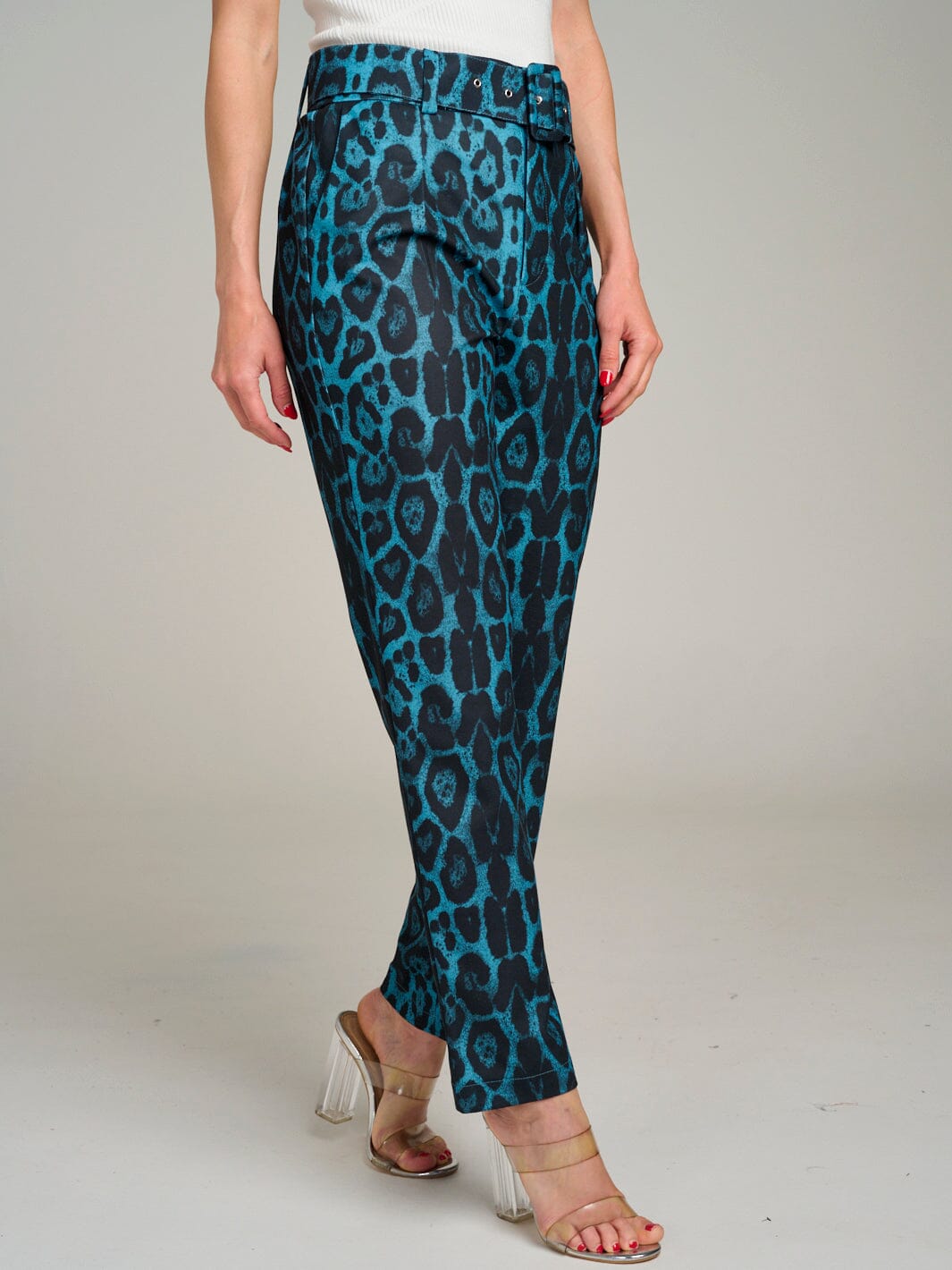 WOMEN'S BUTTON CLOSURE POCKETS ANIMAL PRINT BELTED WIDE LEG PANTS