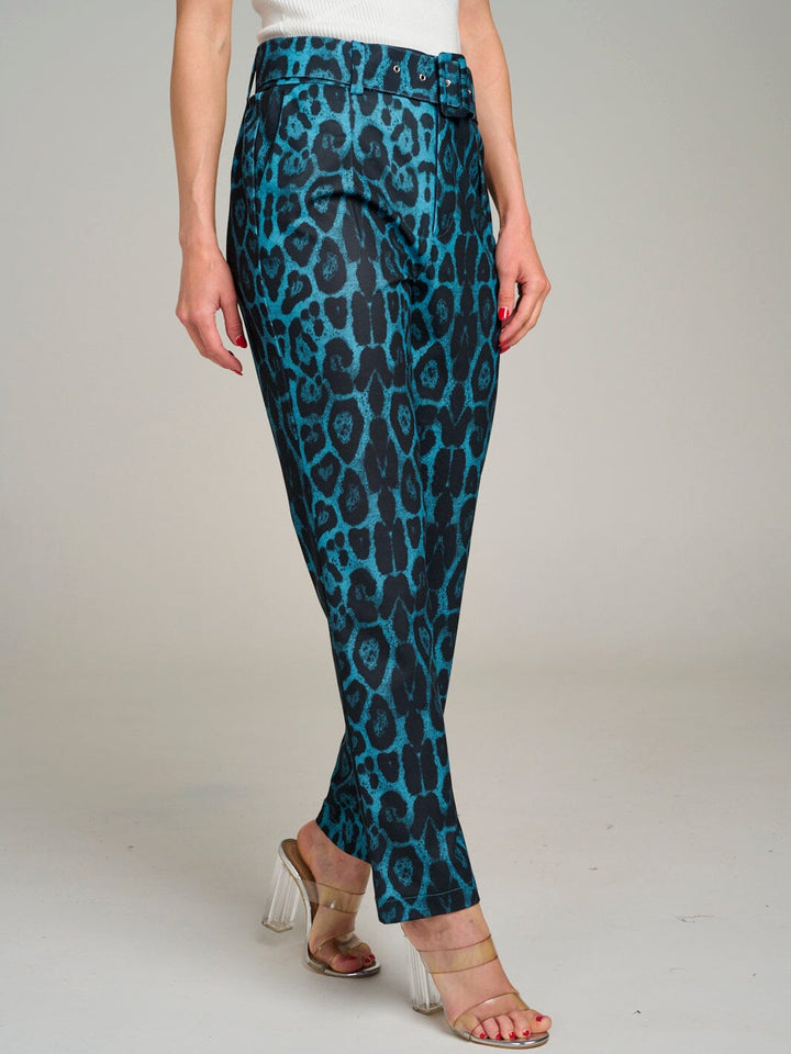 WOMEN'S BUTTON CLOSURE POCKETS ANIMAL PRINT BELTED WIDE LEG PANTS