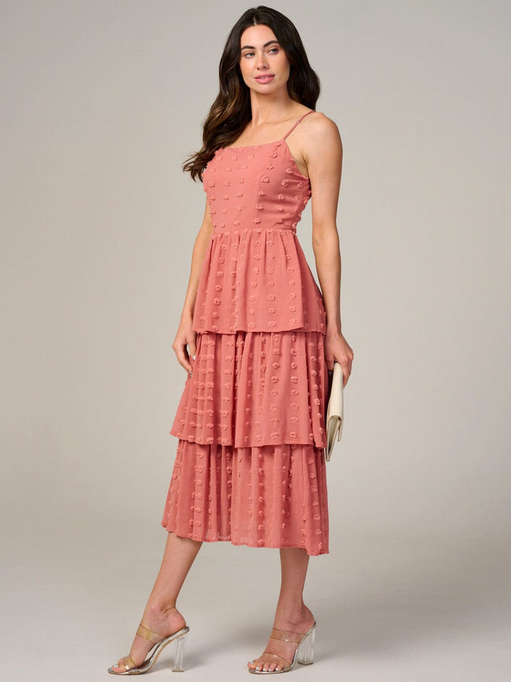 WOMEN'S SLEEVELESS RUFFLE TIERED SWISS DOTS MIDI DRESS