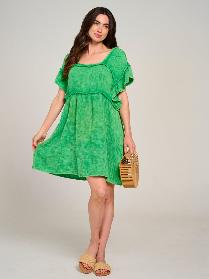 WOMEN'S SHORT RUFFLE SLEEVE TUNIC WASHED MINI DRESS