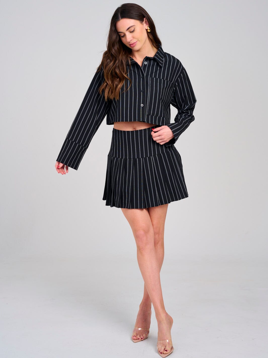 WOMEN'S LONG SLEEVE TOP & ZIP UP MINI SKIRT STRIPES 2PC. SET