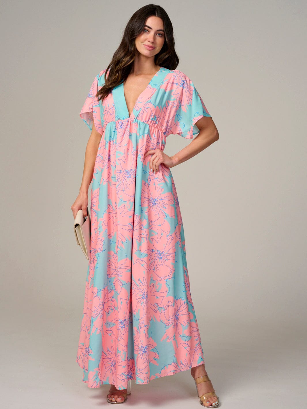 WOMEN'S SHORT SLEEVE V-NECK OPEN BACK FLORAL MAXI DRESS
