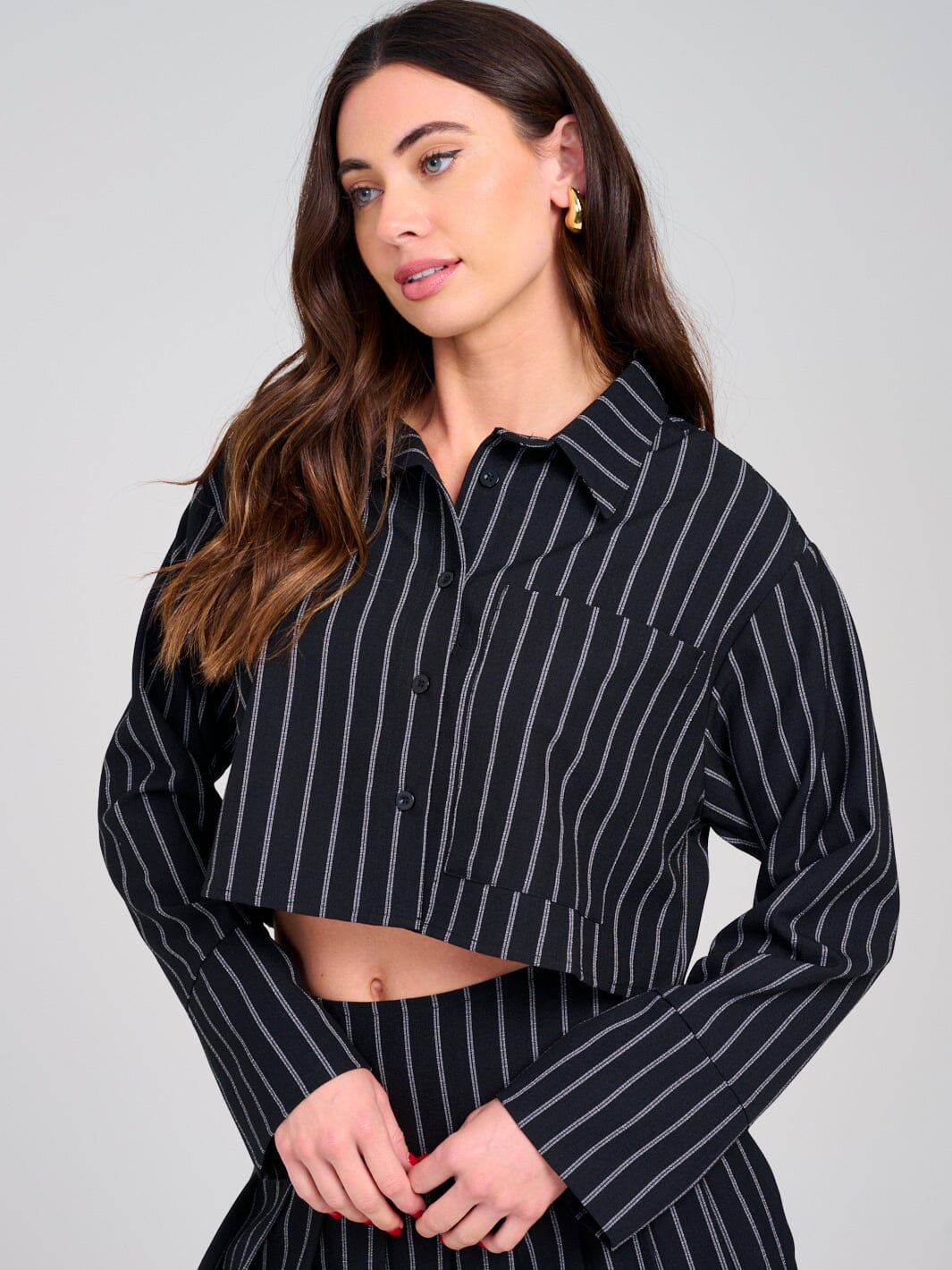 WOMEN'S LONG SLEEVE BUTTON UP FRONT POCKET STRIPES TOP