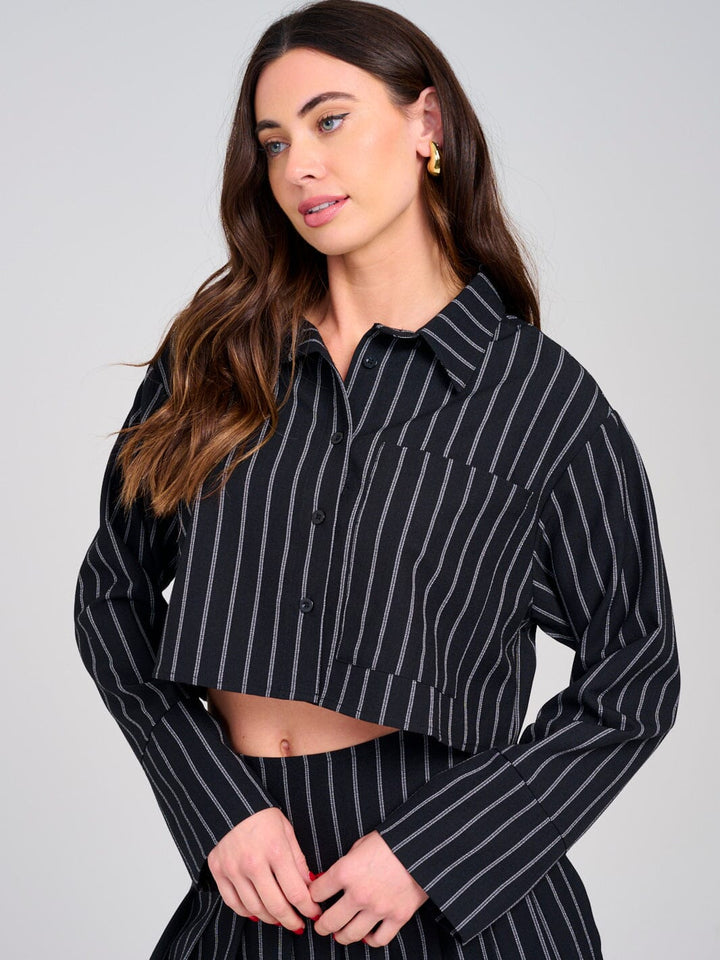 WOMEN'S LONG SLEEVE BUTTON UP FRONT POCKET STRIPES TOP