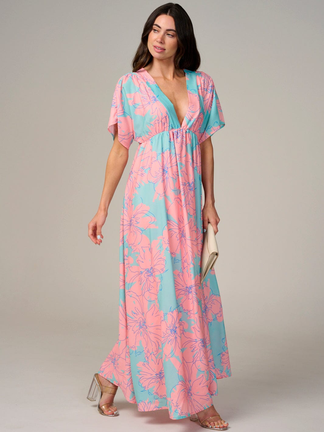 WOMEN'S SHORT SLEEVE V-NECK OPEN BACK FLORAL MAXI DRESS
