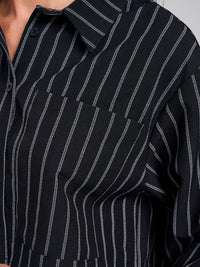 WOMEN'S LONG SLEEVE BUTTON UP FRONT POCKET STRIPES TOP