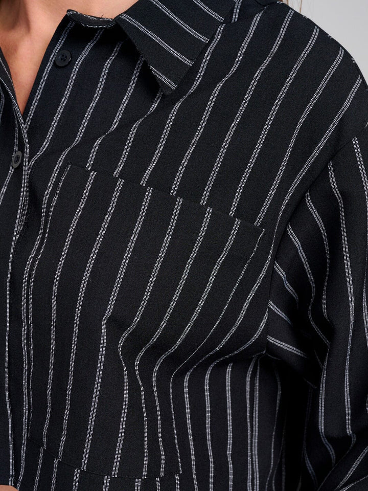 WOMEN'S LONG SLEEVE BUTTON UP FRONT POCKET STRIPES TOP
