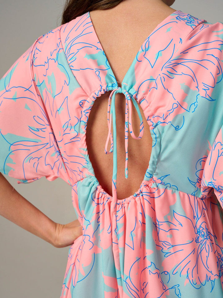 WOMEN'S SHORT SLEEVE V-NECK OPEN BACK FLORAL MAXI DRESS