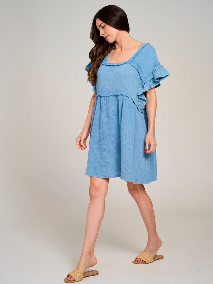 WOMEN'S SHORT RUFFLE SLEEVE TUNIC WASHED MINI DRESS