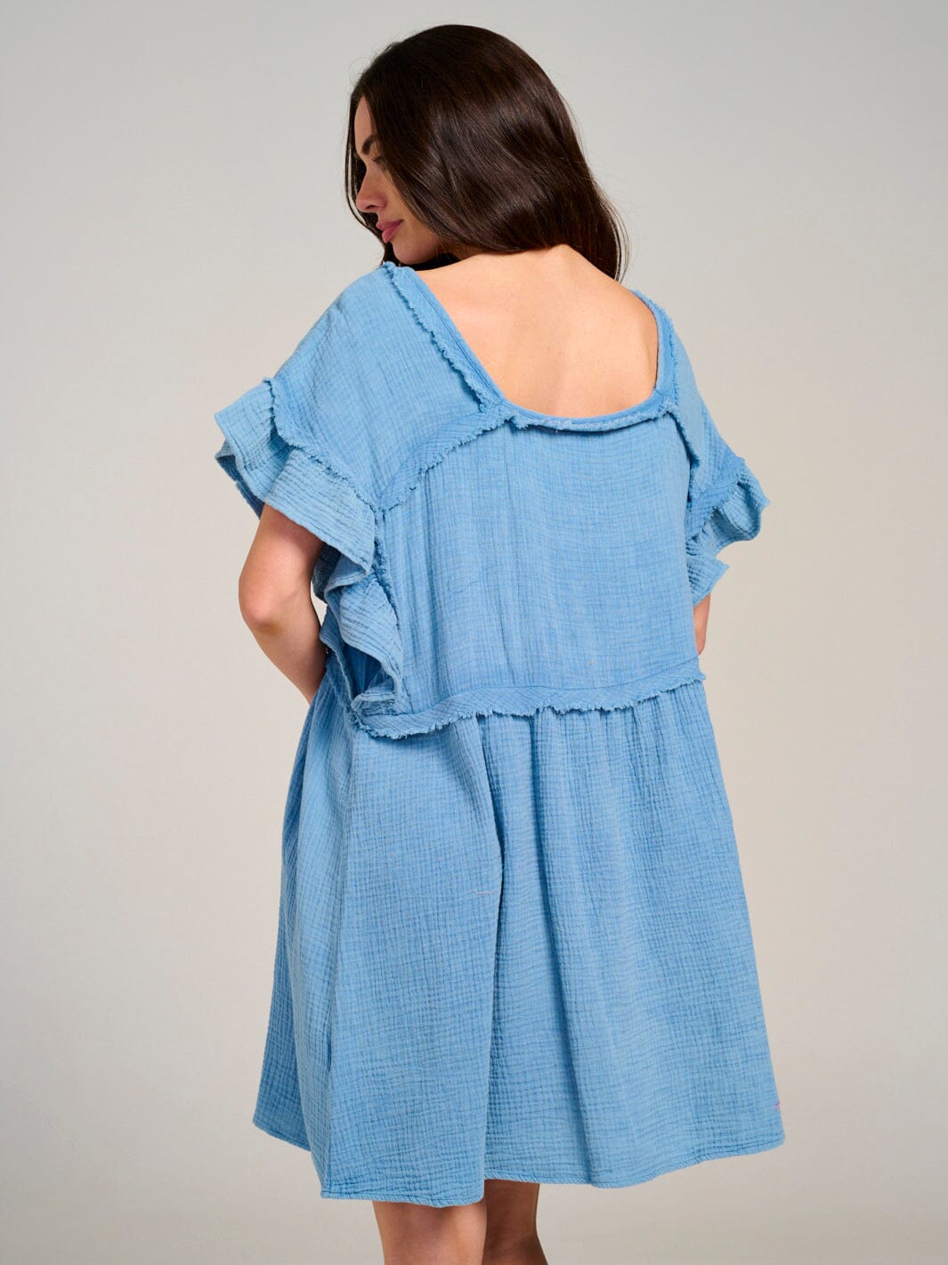 WOMEN'S SHORT RUFFLE SLEEVE TUNIC WASHED MINI DRESS