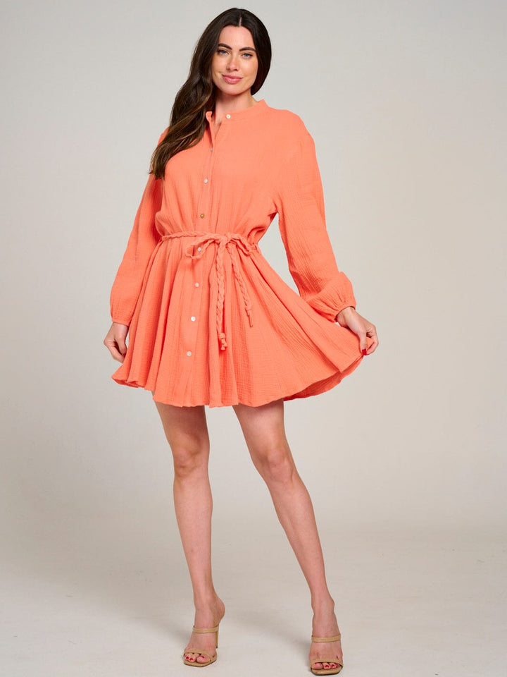 WOMEN'S LONG SLEEVE BUTTON UP SELF TIE MINI DRESS