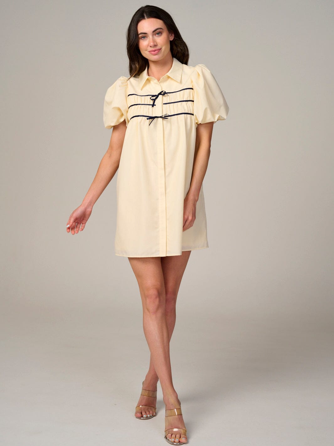 WOMEN'S SHORT PUFF SLEEVE BUTTON UP LOOSE FIT MINI DRESS